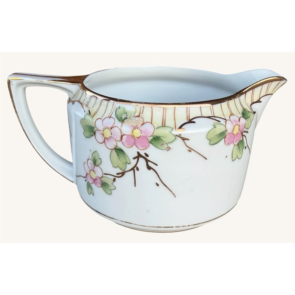 Antique Porcelain Creamer Japanese Style Hand Painted Pink Cherry Blossoms Pink